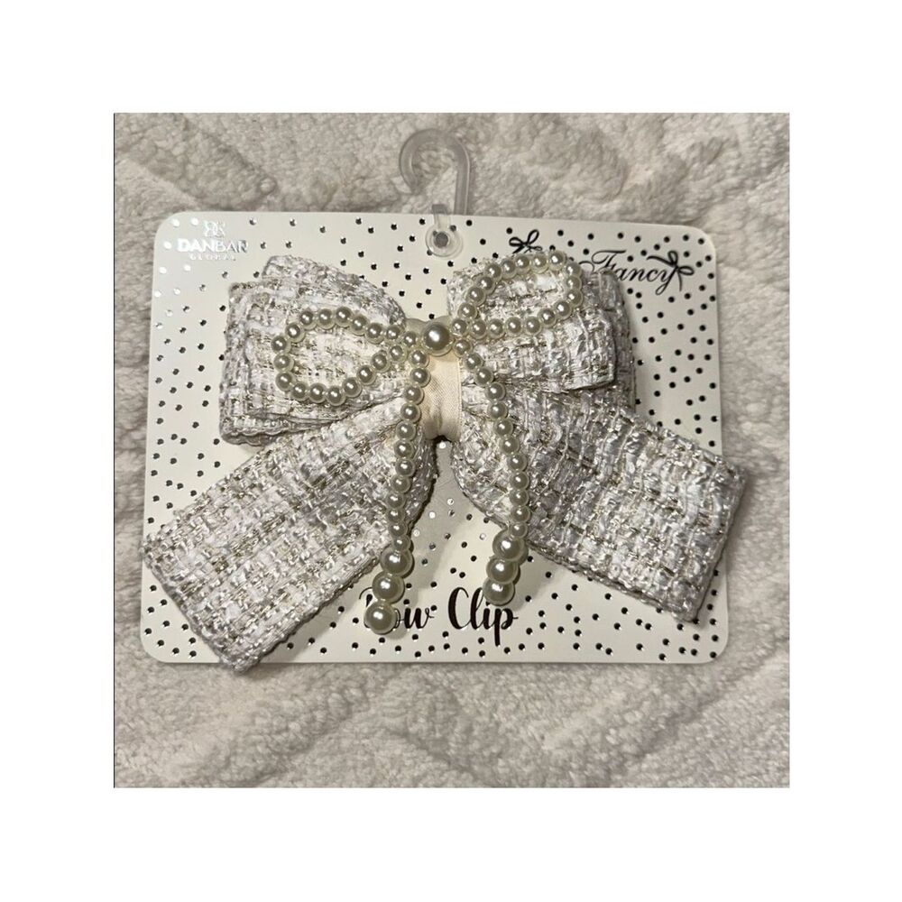 DANBAR GLOBAL Child Adult Ivory Gold White Tweed Faux Pearl Over Bow Hair Clip